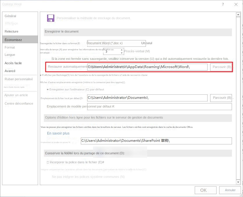 paramètres du dossier d'enregistrement automatique de word
