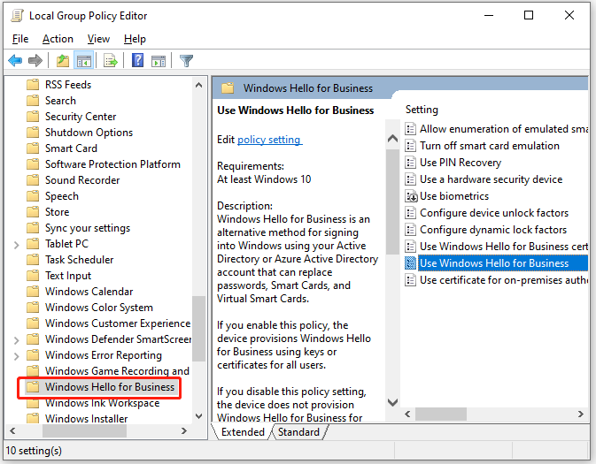 Fenêtre de l'éditeur de stratégie de groupe locale Windows Hello for Business