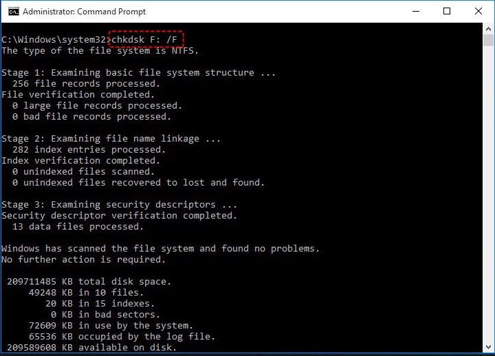  chkdsk G: /f pour réparer la carte SD