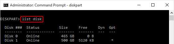 taper list disk dans diskpart pour afficher les disques
