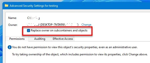 Windows Remplacer le propriétaire des sous-conteneurs et des objets