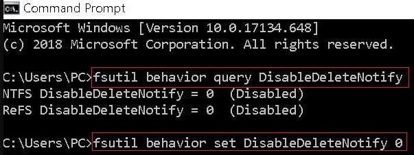 Fenêtre d’invite de commandes montrant la sortie de fsutil behavior query DisableDeleteNotify, avec le résultat 0 indiquant que TRIM est activé.