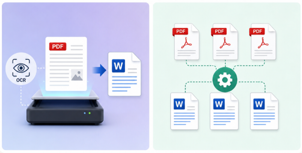 Capture d’écran de la fenêtre principale de conversion de Renee PDF Aide, montrant plusieurs fichiers PDF en cours de conversion au format DOCX avec l’OCR activée