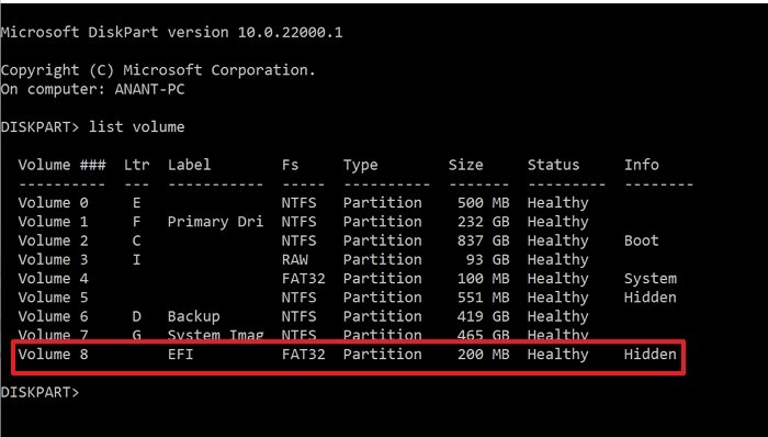 Vérifier la partition EFI dans diskpart