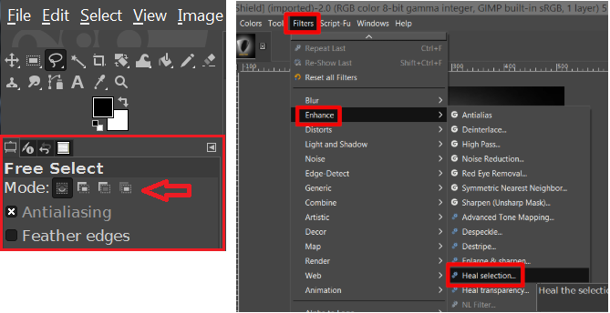 Sélection libre et guérison de la sélection dans GIMP