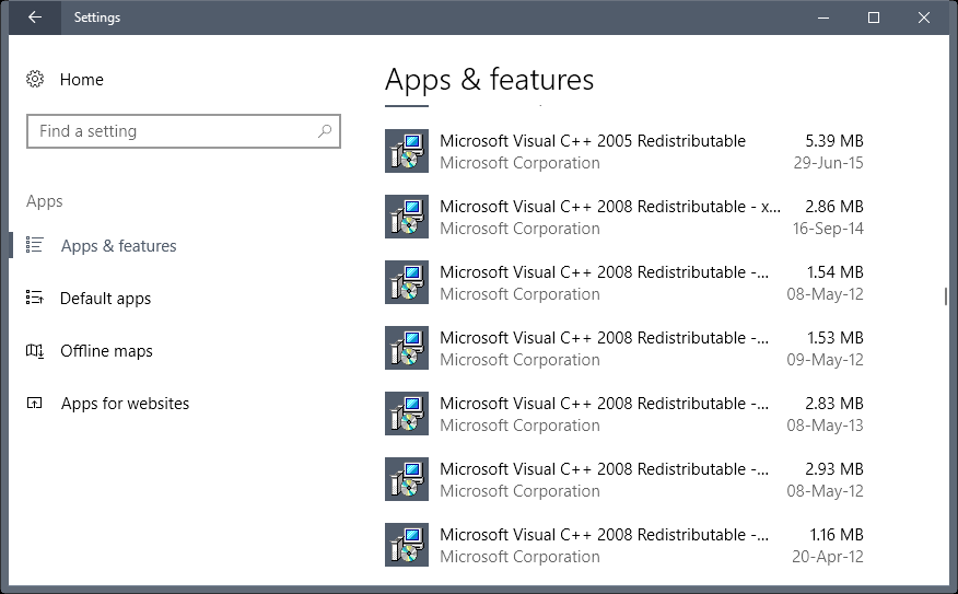 Applications et fonctionnalités, Microsoft Visual C++ Redistributable