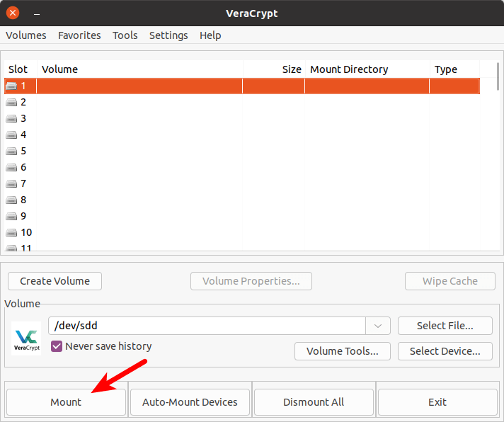 Monter une clé USB chiffrée avec VeraCrypt