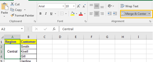 fusionner et centrer excel