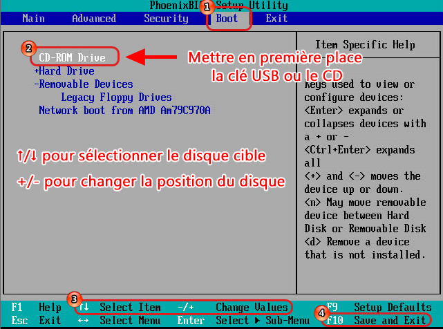 Mettre en première place votre clé USB ou CD sur la liste de boot.