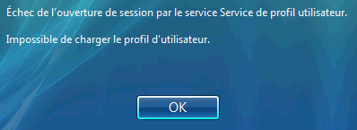 Capture d'écran montrant le message d'erreur « Profil utilisateur impossible à charger » sur un écran de connexion Windows.