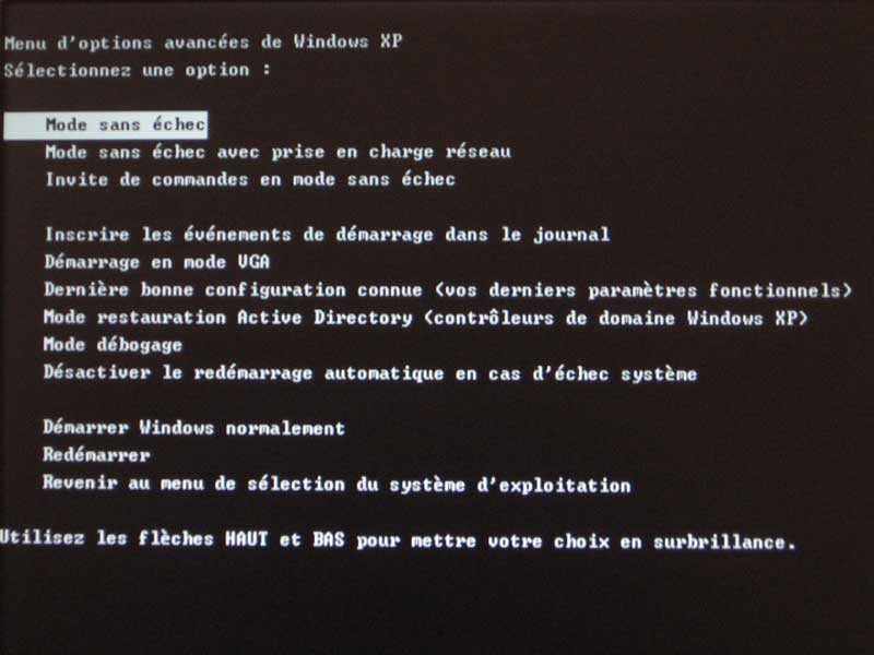 Démarrer le PC sous Windows XP en mode sans échec