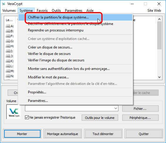 chiffrer la partition avec VeryCrypt