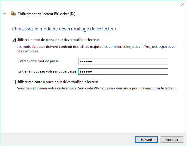 créer un mot de passe de BitLocker