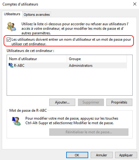 Supprimer le mot de passe Windows 10 avec netplwiz