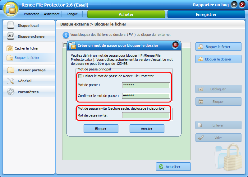 Bloquer un fichier d'une clé USB avec Renee File Protector