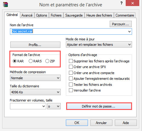 Ajouter un mot de passe sur le fichier zip avec winrar