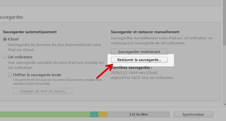 Restaurer les photos depuis iTunes