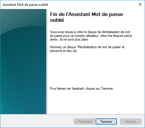 Finaliser la création du disque de réinitialisation de mot de passe