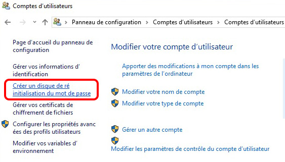 Créer un disque de réinitialisation de mot de passe sous Windows 10