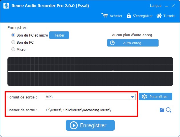 sélectionner le format de sortie et l'emplacement