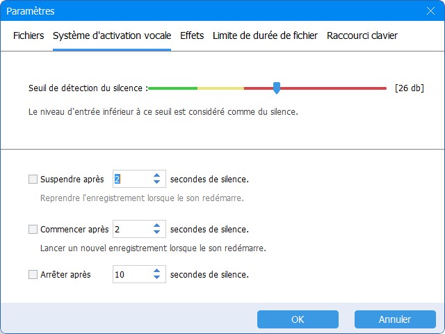 définir les paramètres pour le fichier audio