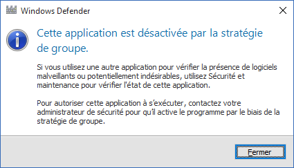 Notification de désactivation de Windows Defender