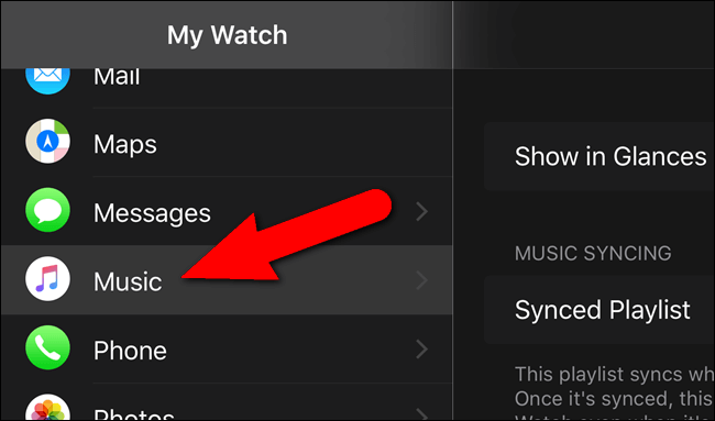 Sélectionner l'option Musique dans l'app Apple Watch