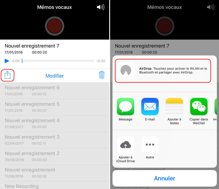 envoyer le mémo vocal avec AirDrop