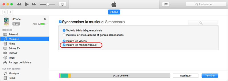 Transférer le mémo vocal avec iTunes