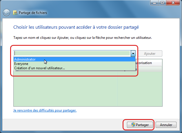 Sélectionner des comptes pour accéder aux dossiers partagés