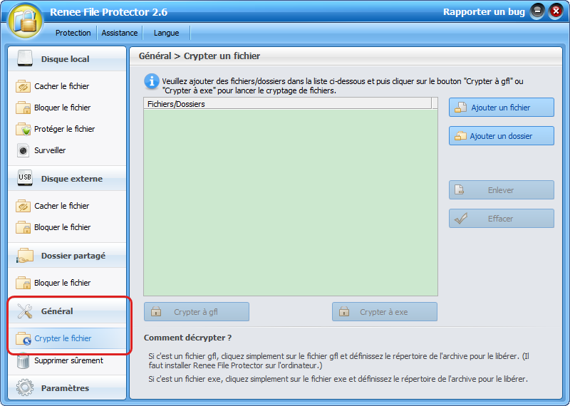 Lancer Renee File Protector et sélectionner la fonction Crypter le fichier