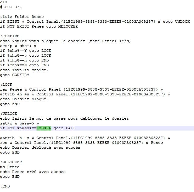 Redéfinir le mot de passe du dossier dans le script