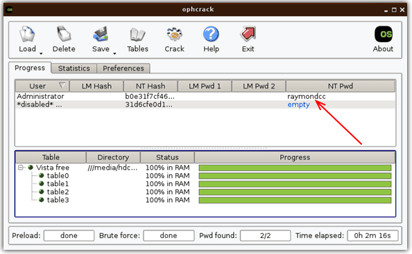 Interface de Ophcrack