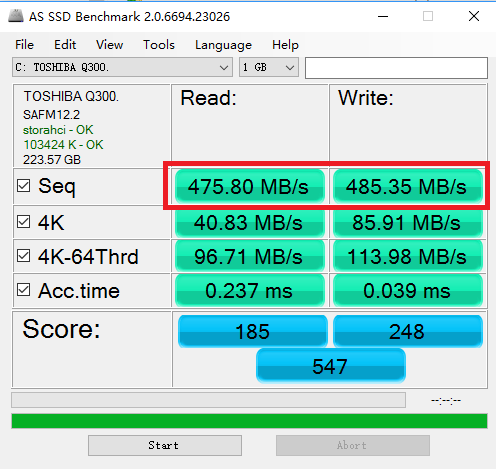 AS SSD Benchmark Seq 300 mbs