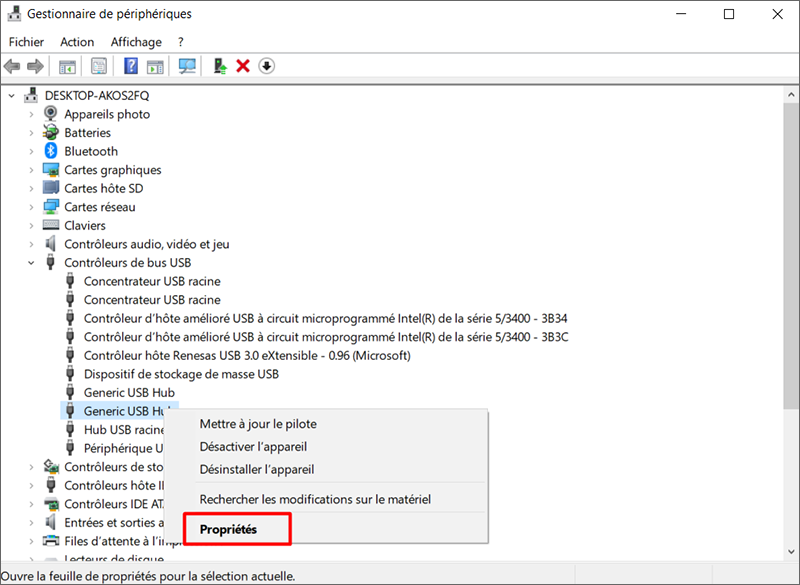 Ouvrir les propriétés du Generic USB Hub