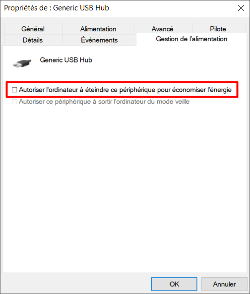 ne pas autoriser l'ordinateur à éteindre ce périphérique 