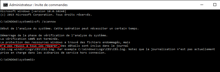 Impossible à réparer les fichiers dans la commande sfc