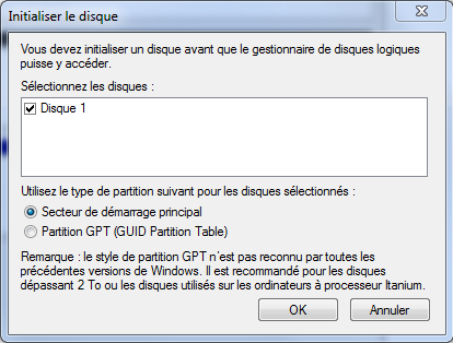 Lancer l'initialisation du disque dur