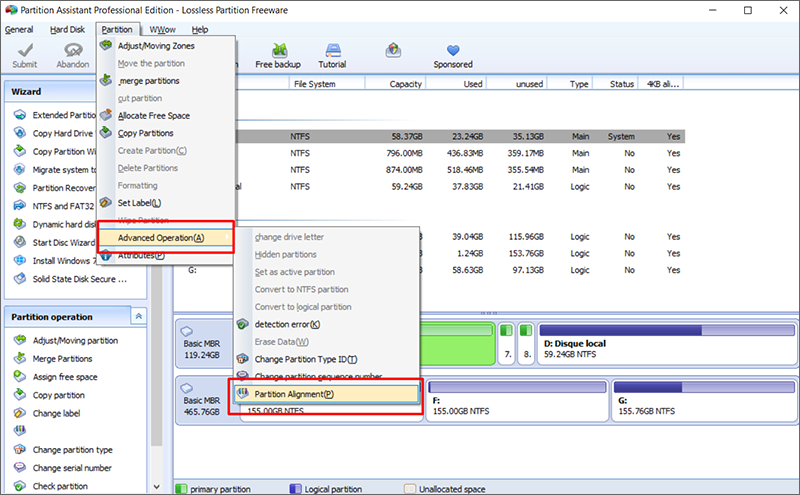 Sélectionner l'option alignement de partition