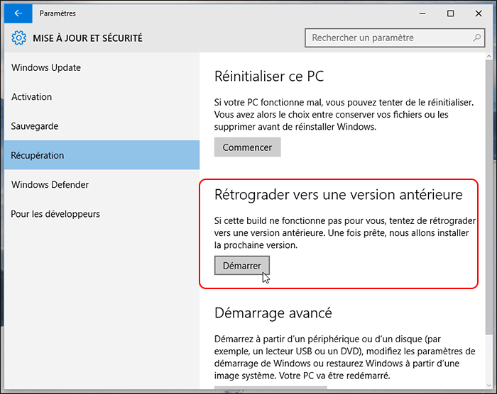 rétrograder vers une version antérieure de Windows 10