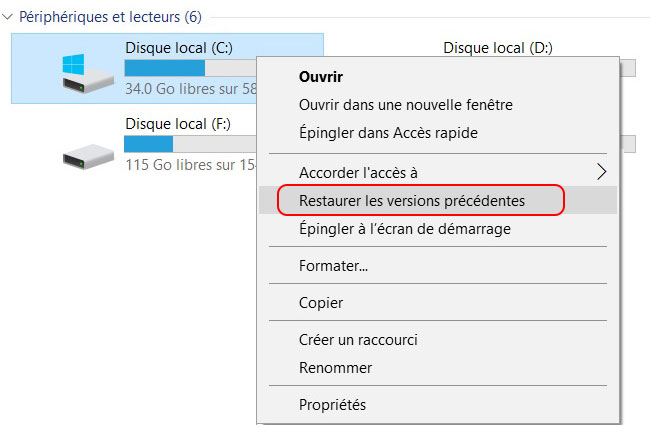 restaurer les versions précédentes sous Windows 10