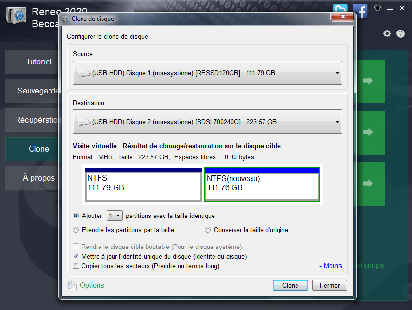 sélectionner le disque source et le disque cible