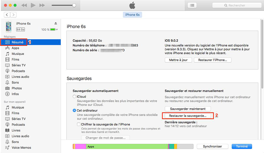 restaurer la sauvegarde iTunes