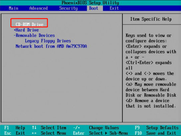 réglager l'ordre de démarrage à partir de CD ROM