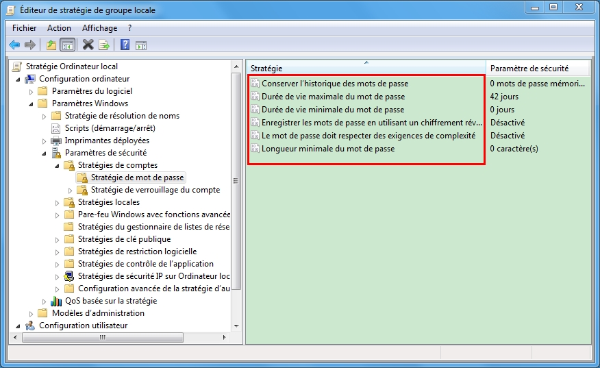 configurer les paramètres de la stratégie de mot de passe