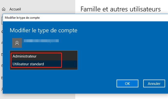 changer le type de compte Windows
