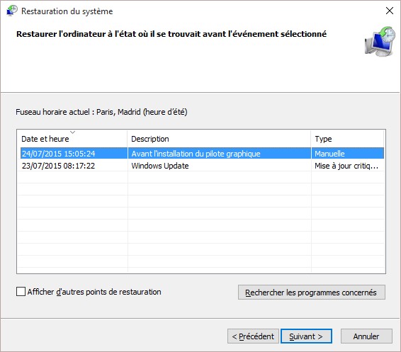 restauration système Win10