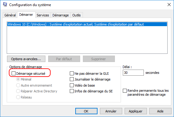 désactiver le démarrage sécurisé