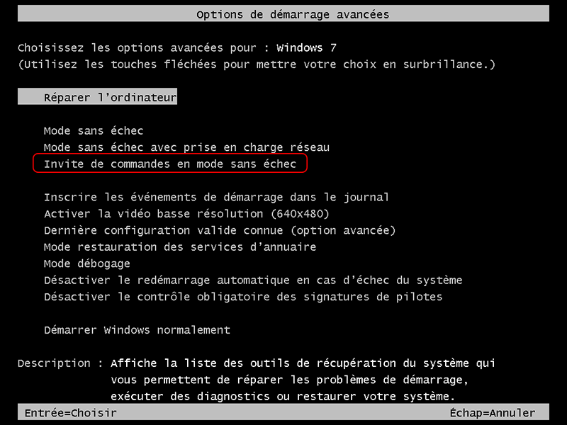 invite de commandes en mode sans échec sous Windows 7