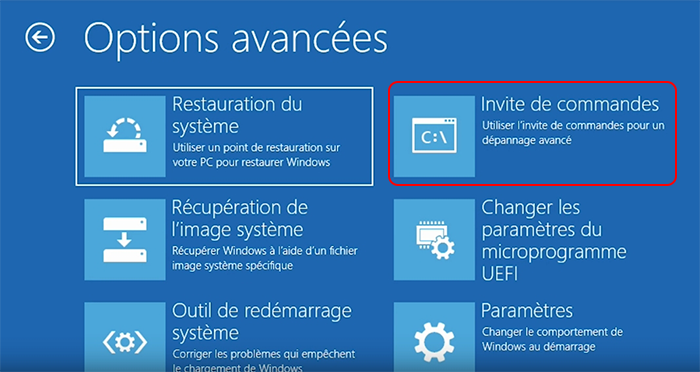 Lancer l'invite de commandes dans Options avancées